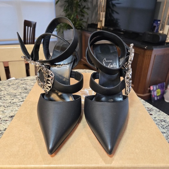 New Christian Louboutin Giddylina 100mm Black Heels with Silver Buckles Size 38 - Picture 3 of 12
